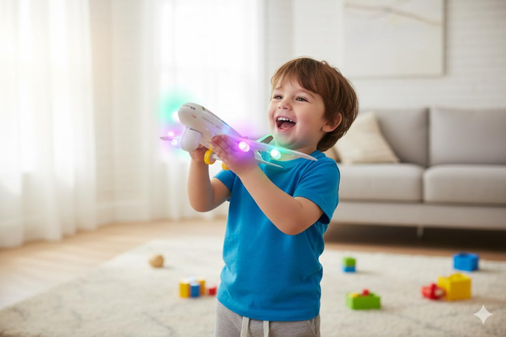 SUPER TOY Battery Operated Aeroplane Toy for Kids with Light and Sound Airplane Bump & Go Toy for Toddler Boys Girls Birthday Gift