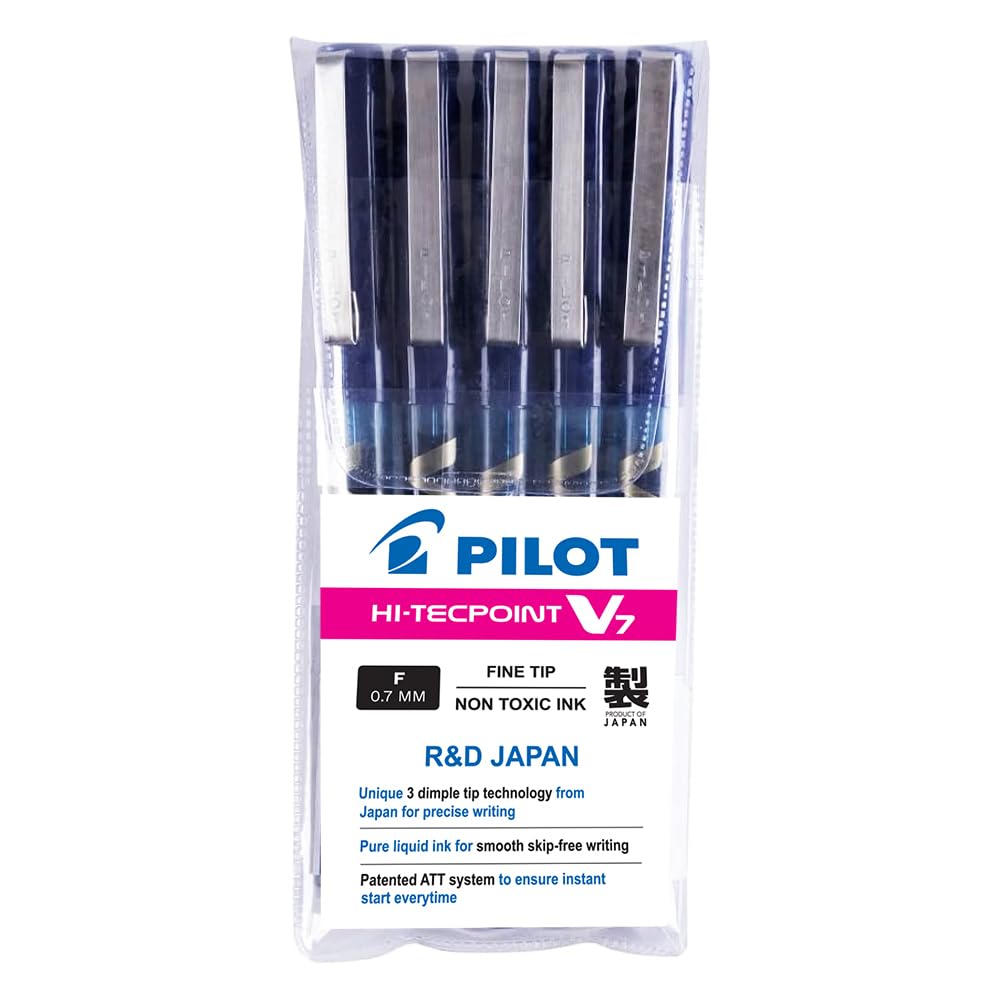 Pilot Hi-Tecpoint V7 0.7mm Fine Point Pure Liquid Ink Roller Ball Pen | Blue Ink, Pack Of 5