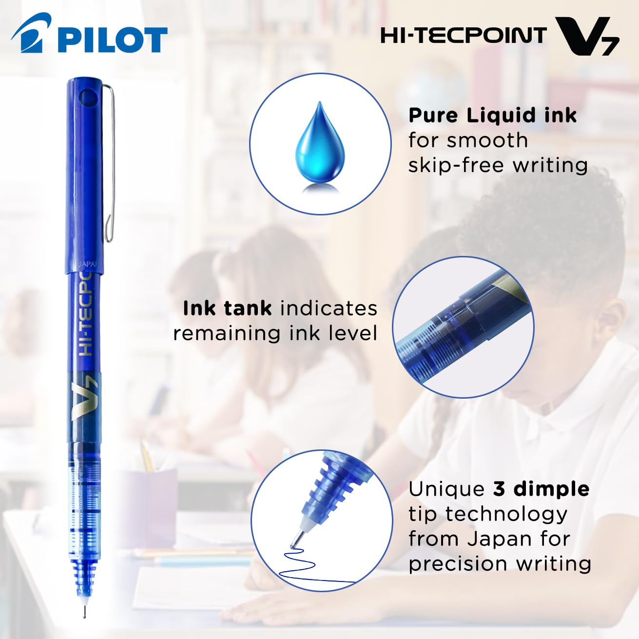 Pilot Hi-Tecpoint V7 0.7mm Fine Point Pure Liquid Ink Roller Ball Pen | Blue Ink, Pack Of 5