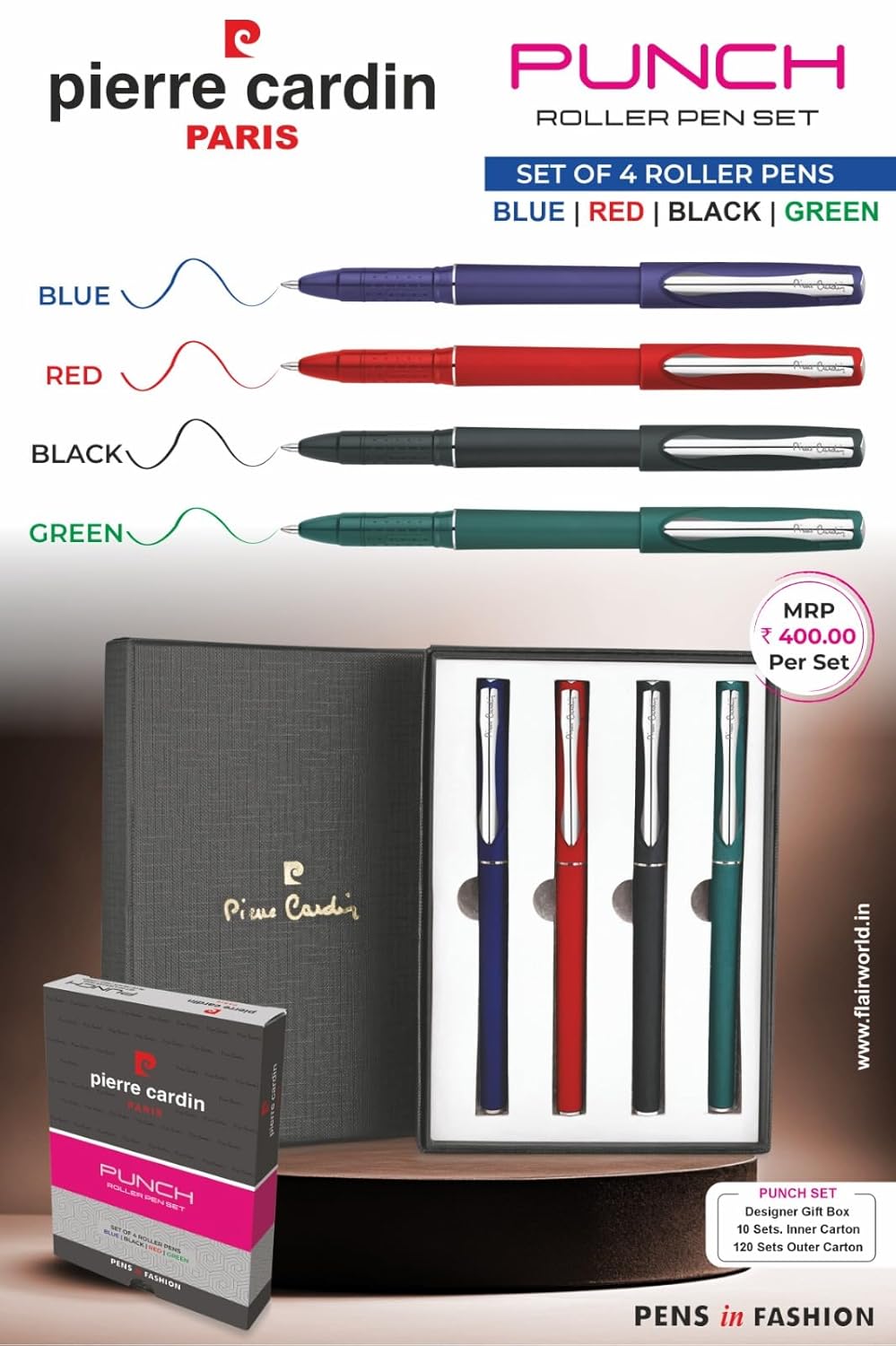 Pierre Cardin Punch Roller Pen Set, 4 Colours - Blue, Black, Red, Green
