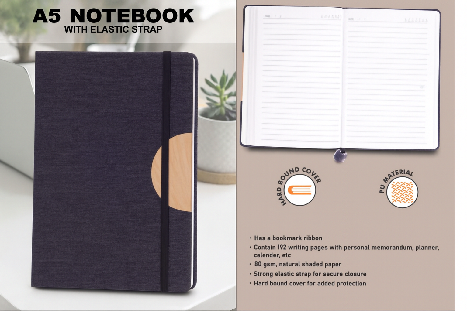 A5 Notebook with Elastic Strap - Premium Hard Bound (Pack of 5)